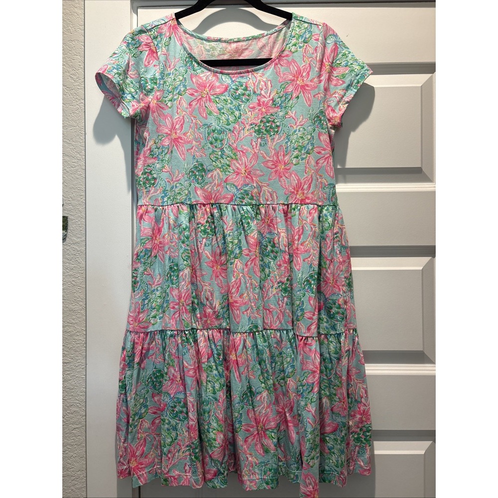 Lilly Pulitzer Geanna Short Sleeve Tiered Floral Turtle Swing Dress Size Small